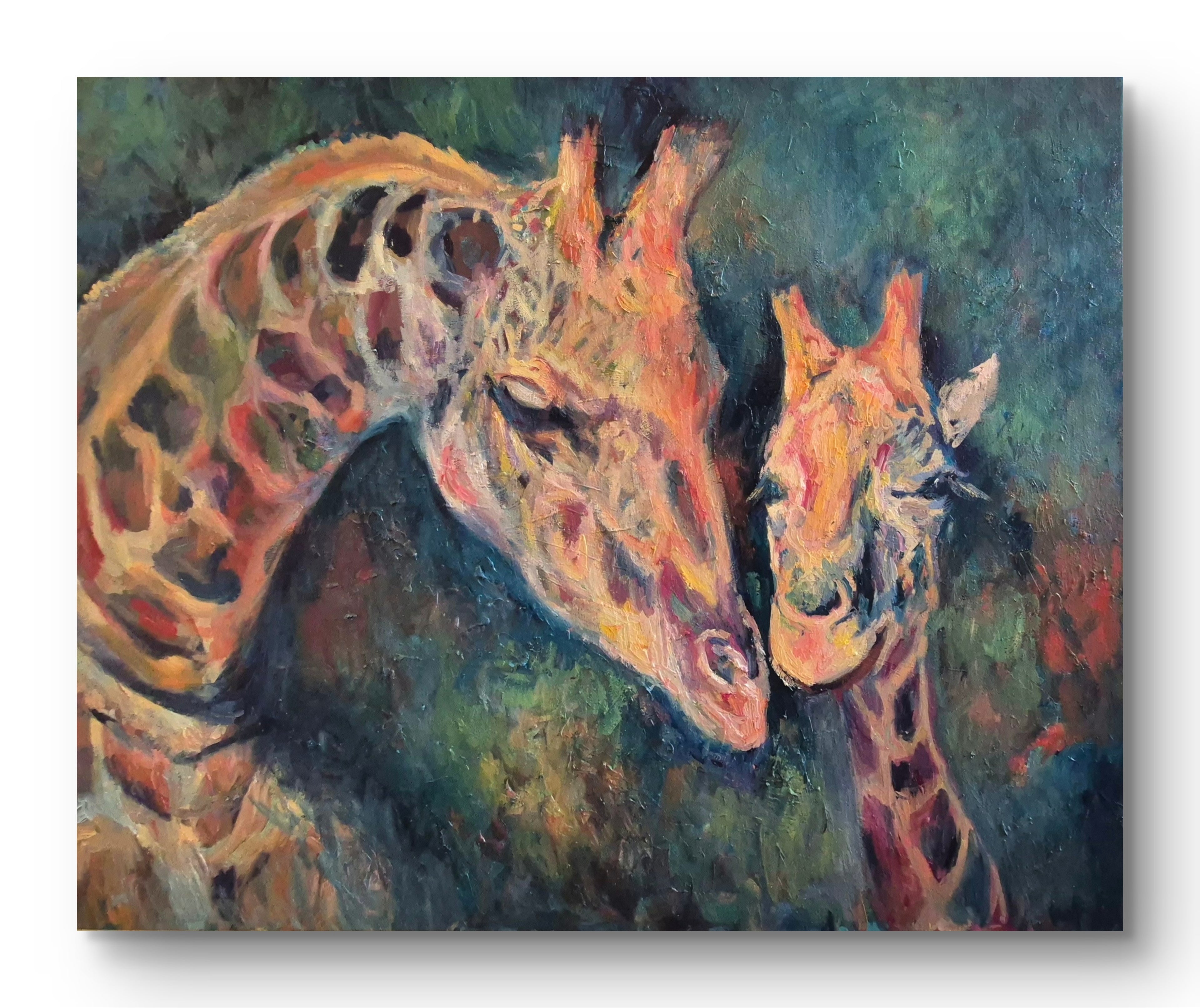 Colorful painting of two giraffes facing each other against a dark background