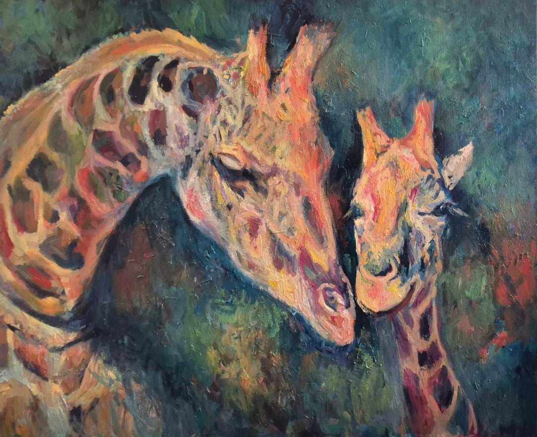 Colorful painting of two giraffes facing each other against a dark background