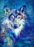 Colorful abstract painting of a wolf's face