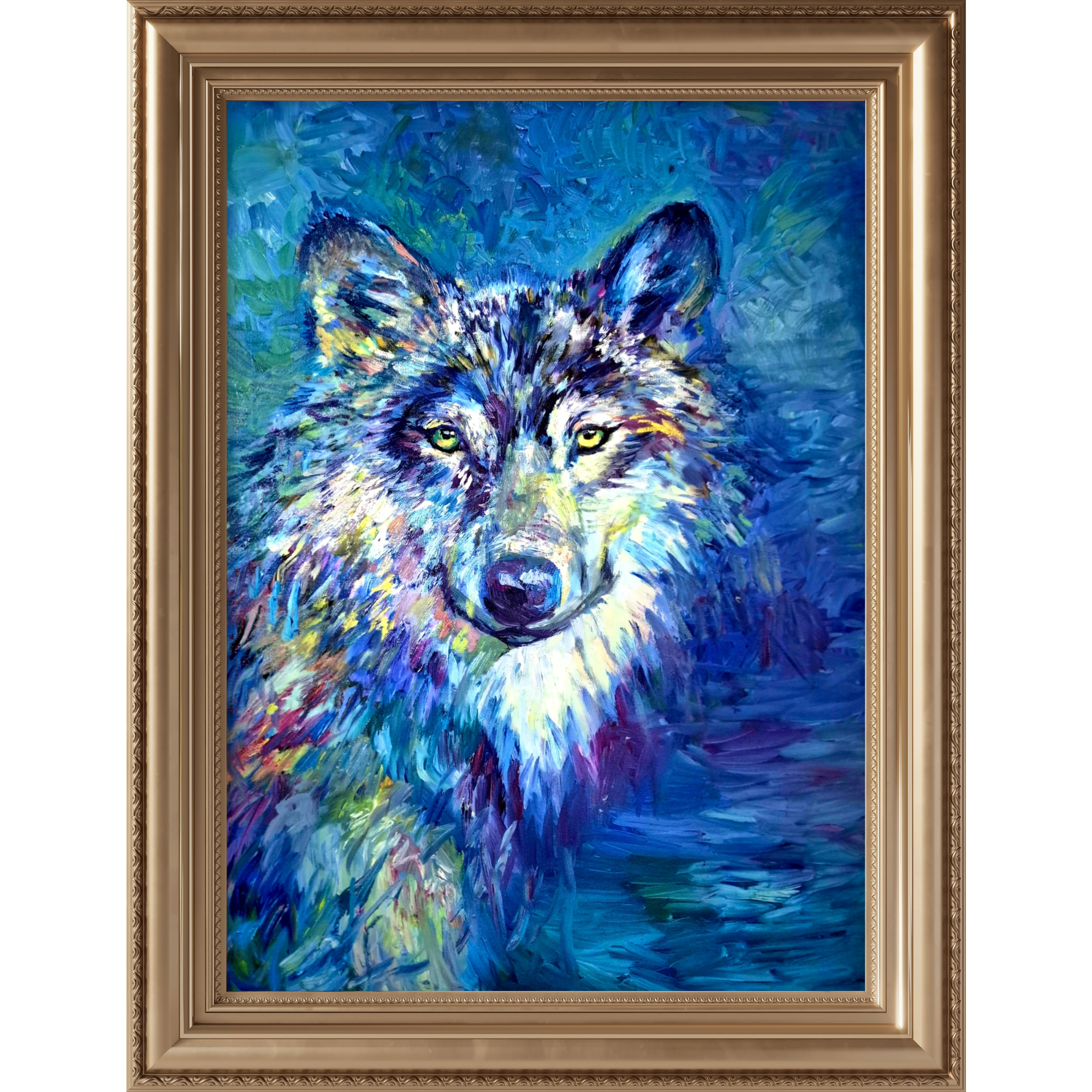 Colorful painting of a wolf in a gold frame
