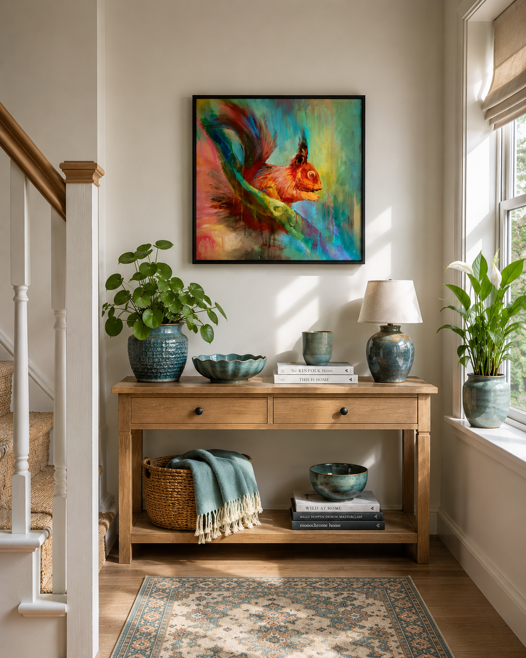 A colorful framed painting of a squirrel hangs on a beige wall above a wooden console table styled with plants, bowls, books, and a lamp in a bright entryway.