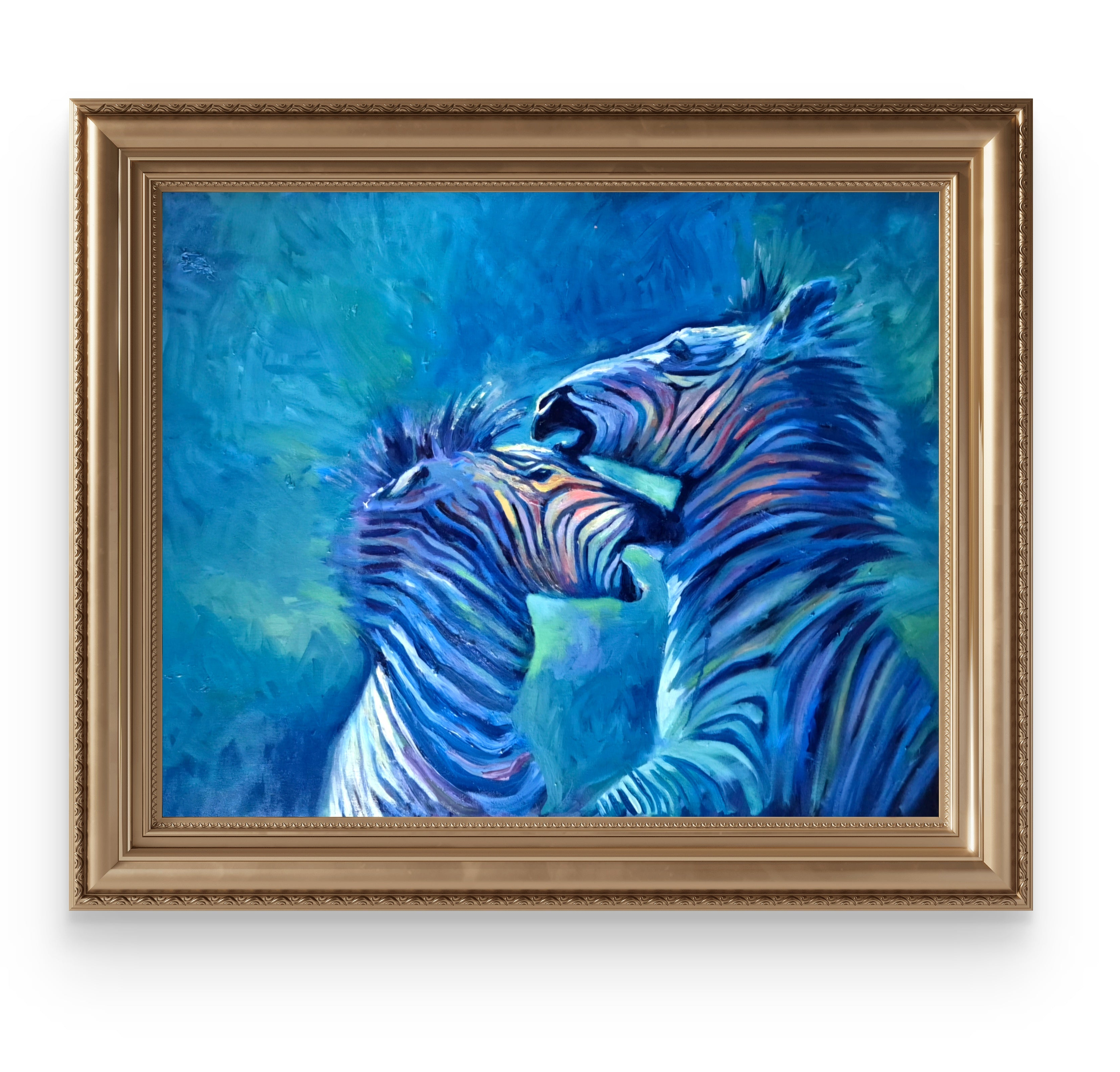 Framed painting of two zebras with a blue and green abstract background