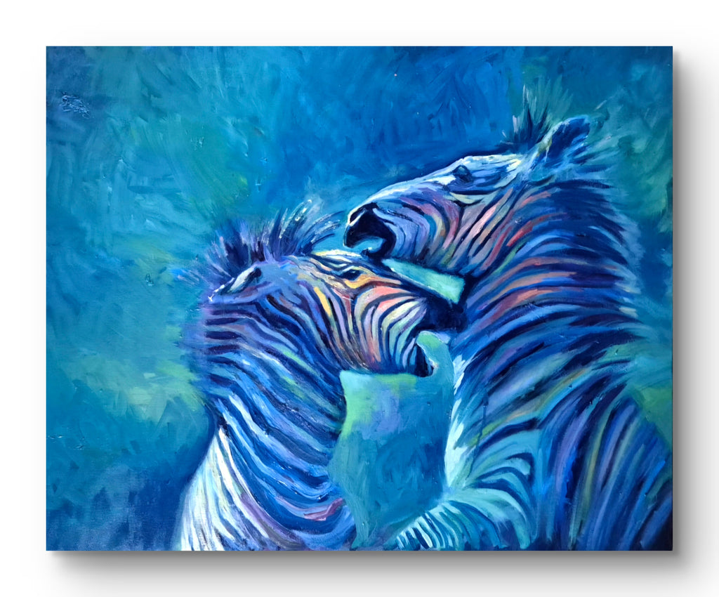 Colorful painting of two zebras on a blue background
