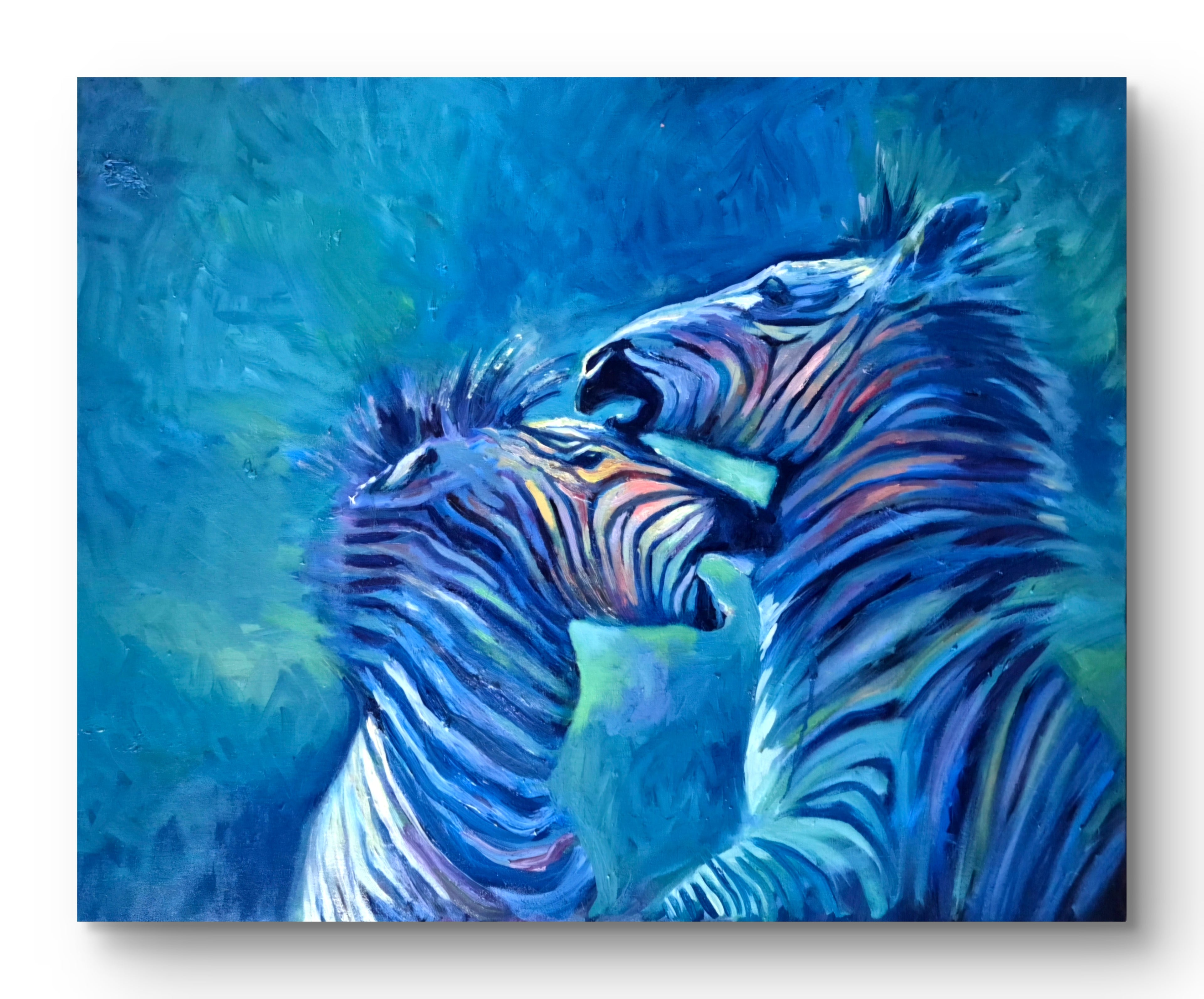 Colorful painting of two zebras on a blue background