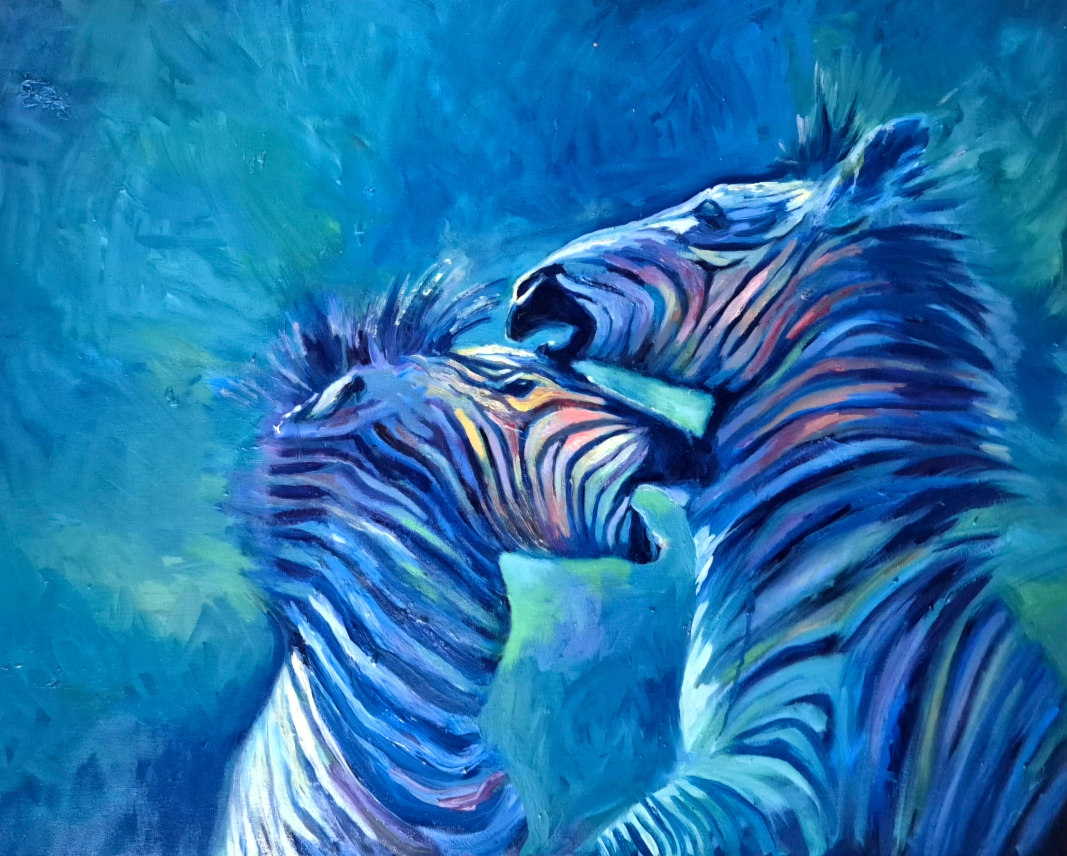 Colorful painting of two zebras embracing against a blue and green abstract background