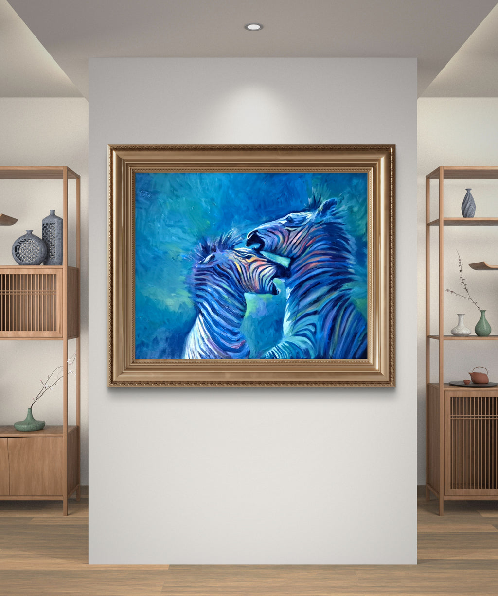 'Rough and Tumble' Original Zebra Oil Painting 40 x 30"/80 x 100 cm - Animal Art by Susan Gardner - Contemporary Expressionist - Colourful Fine Art