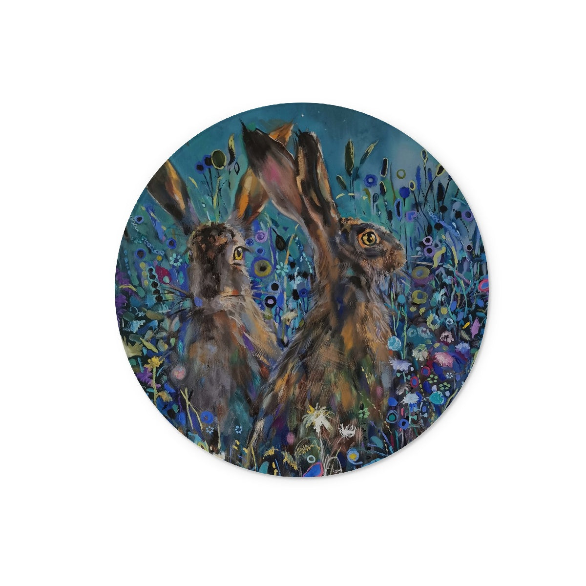 Enchanted Garden - Hares Glass Chopping Board - - susan gardner - uk artist - colourful animal art