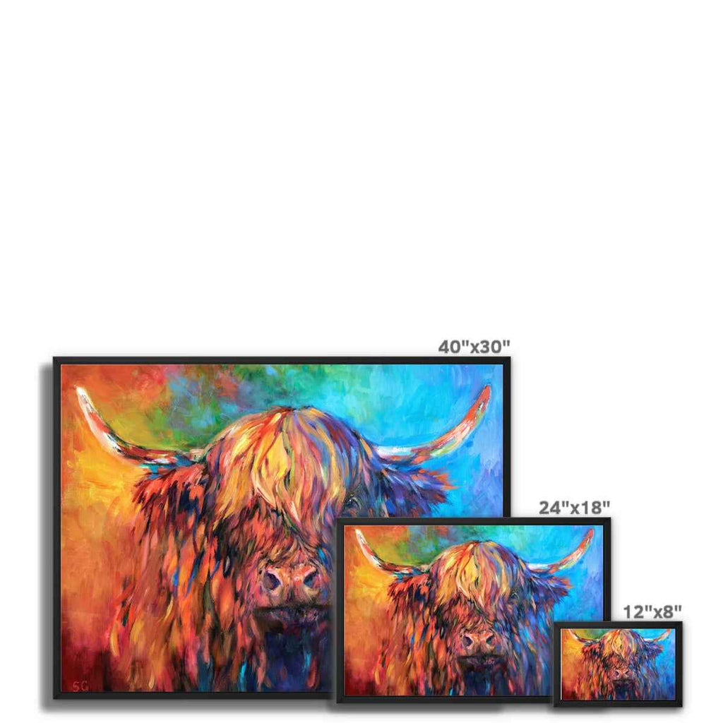 Glendevon - Highland Cow Framed Canvas - - susan gardner - uk artist - colourful animal art