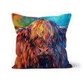 Glendevon - Highland Cow Cushion - - susan gardner - uk artist - colourful animal art