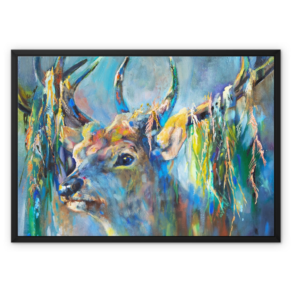 Silver Stag Framed Canvas - - susan gardner - uk artist - colourful animal art