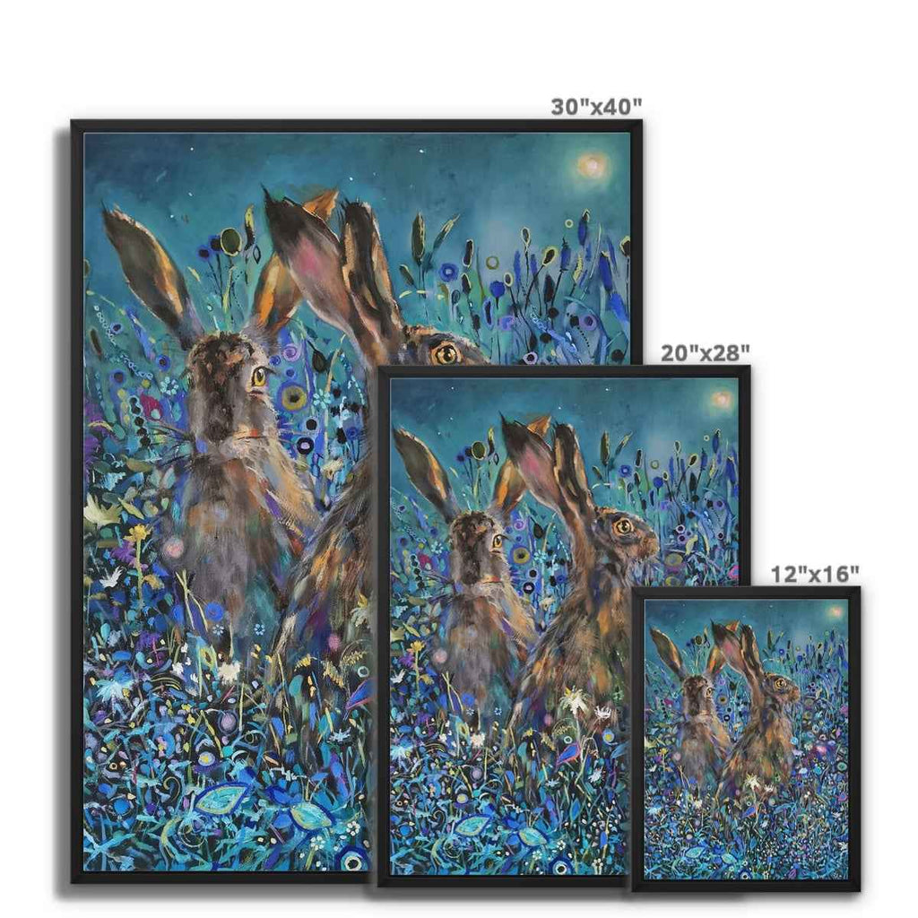 Enchanted Garden - Hares Framed Canvas - - susan gardner - uk artist - colourful animal art