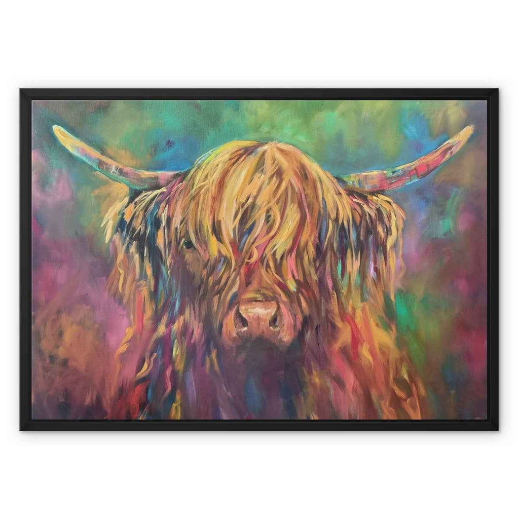 Applecross - Highland Cow Framed Canvas - - susan gardner - uk artist - colourful animal art