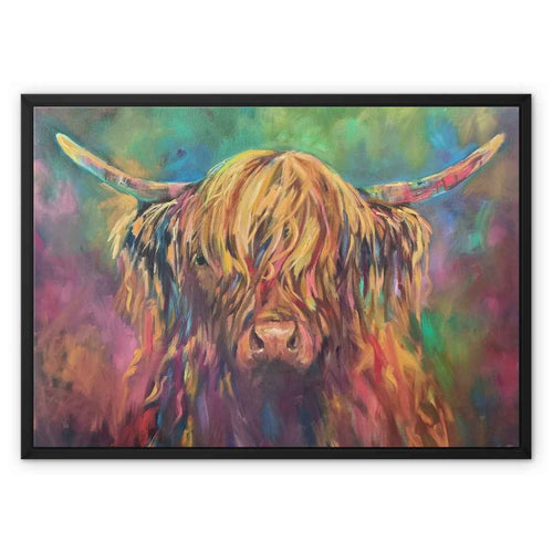 Applecross - Highland Cow Framed Canvas - - susan gardner - uk artist - colourful animal art
