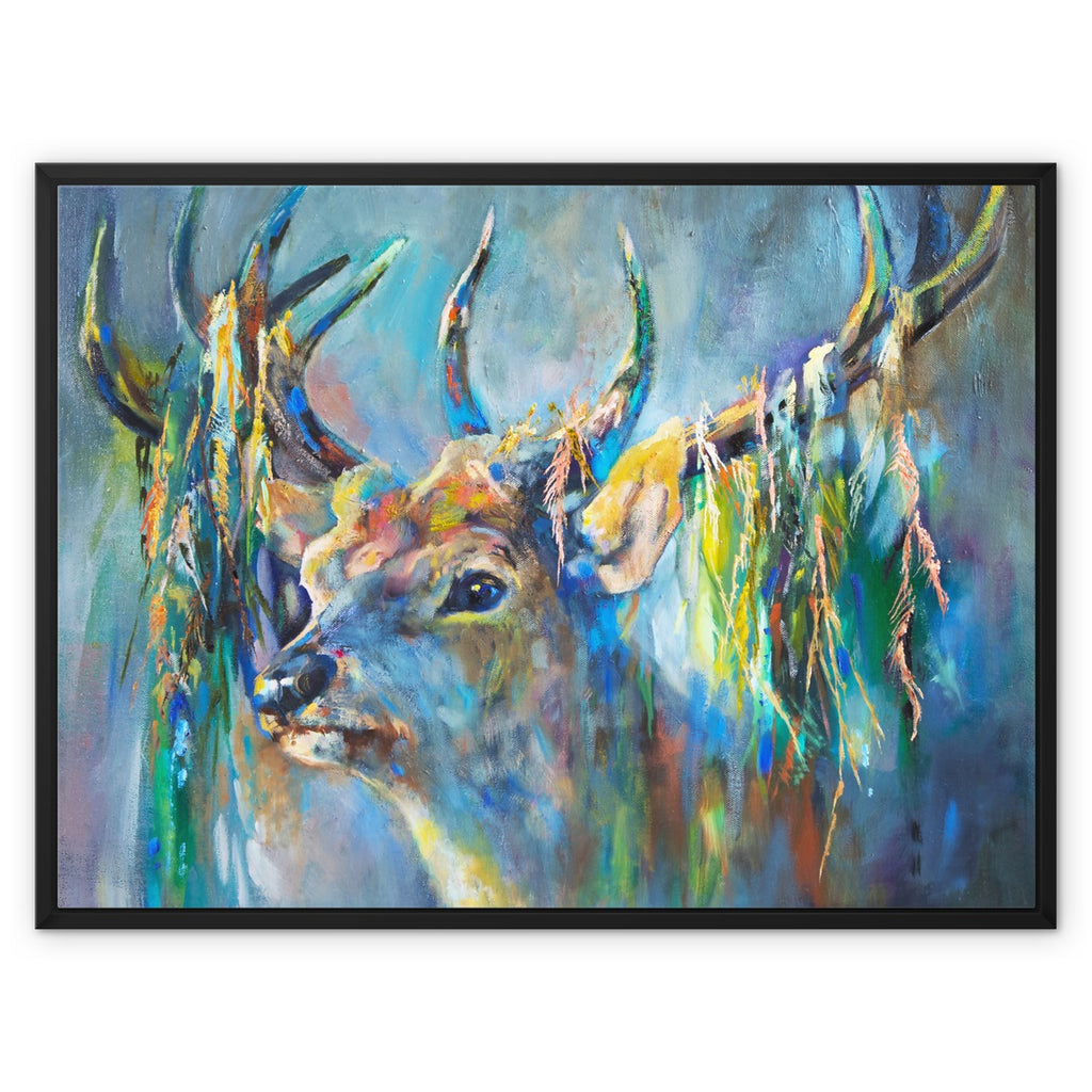 Silver Stag Framed Canvas - - susan gardner - uk artist - colourful animal art