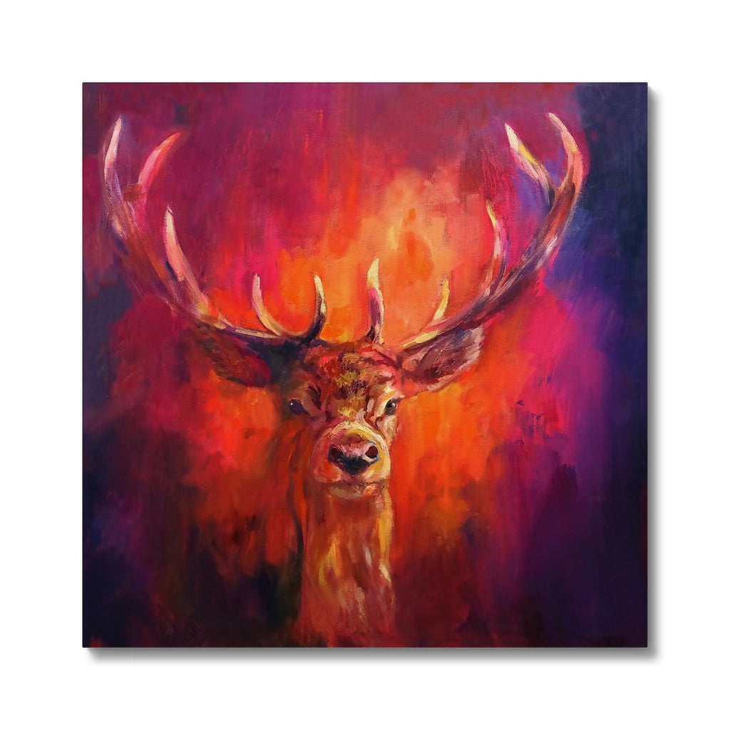 Deer portrait in dark red ith antlers