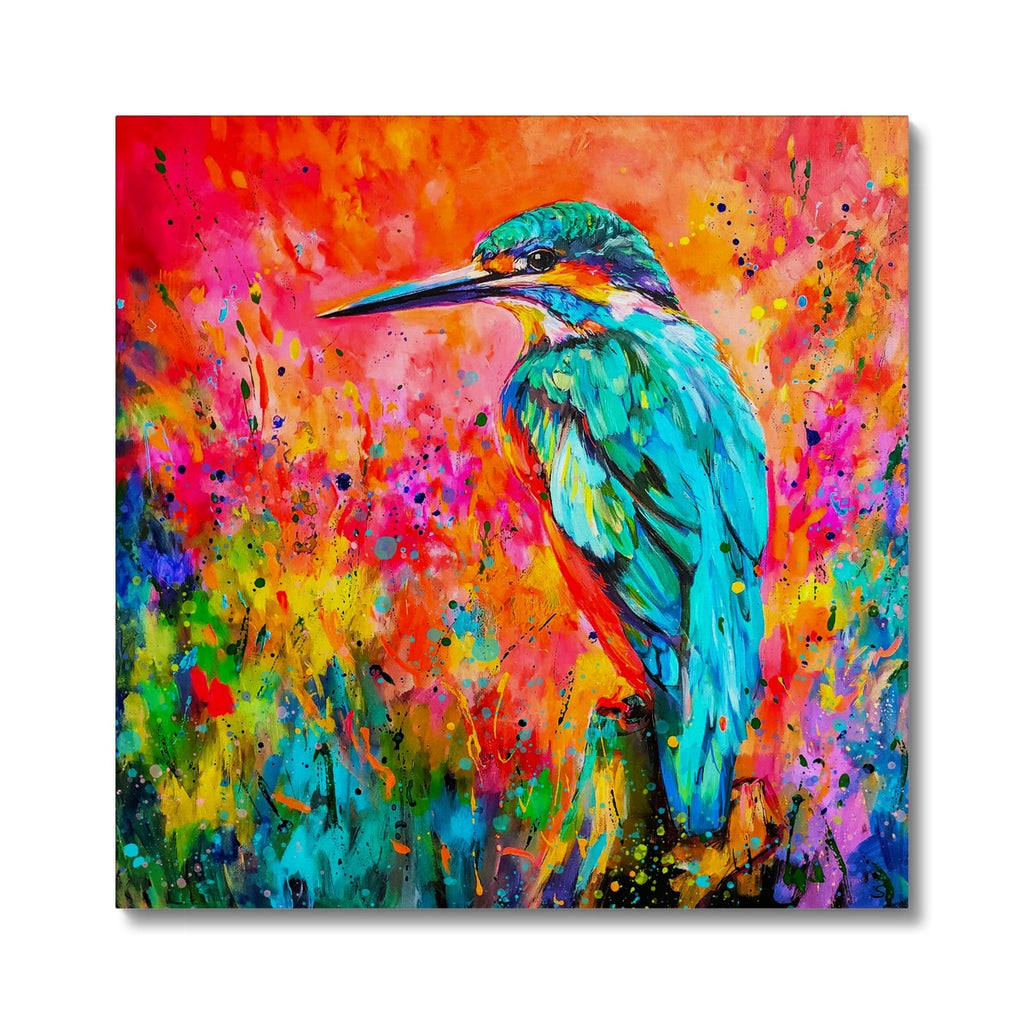A colorful canvas print featuring a kingfisher bird with a vibrant background of multicolored strokes.