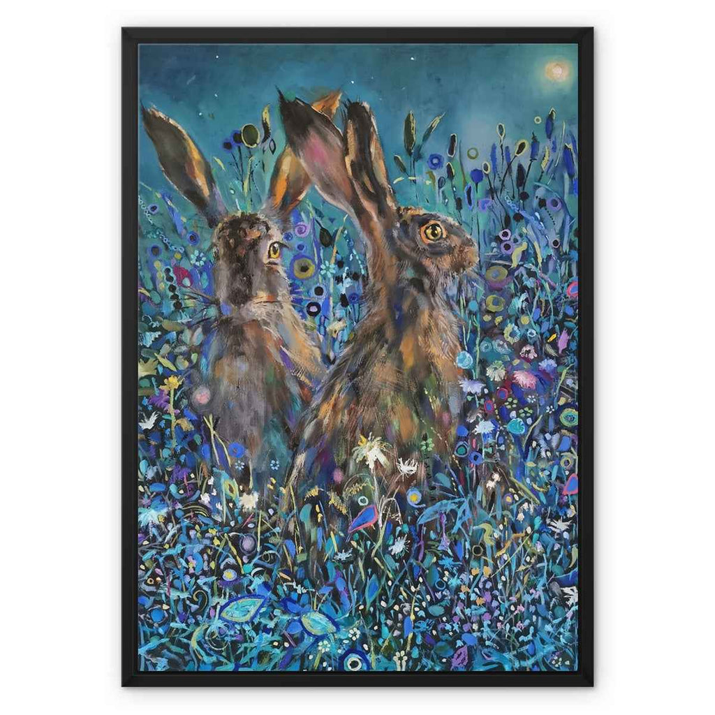 Enchanted Garden - Hares Framed Canvas - - susan gardner - uk artist - colourful animal art