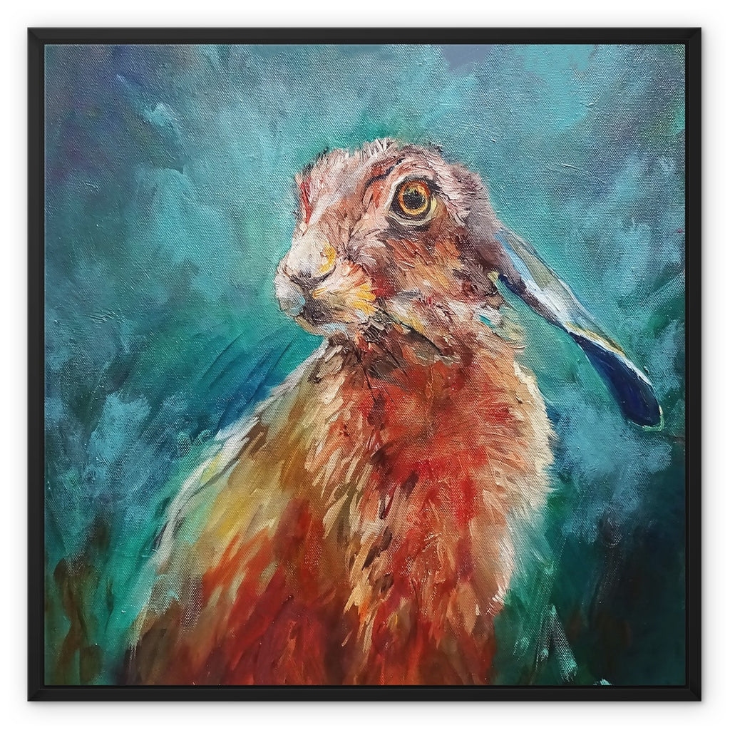 Taking a Break - Hare Framed Canvas - - susan gardner - uk artist - colourful animal art