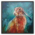 Taking a Break - Hare Framed Canvas - - susan gardner - uk artist - colourful animal art