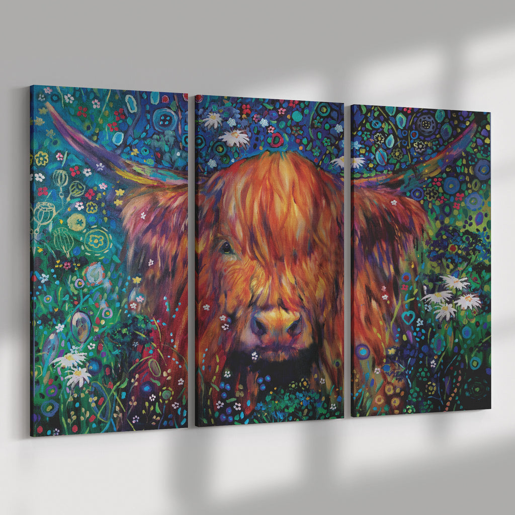 Braemar Daisies - Triptych set of Three Canvases - - susan gardner - uk artist - colourful animal art
