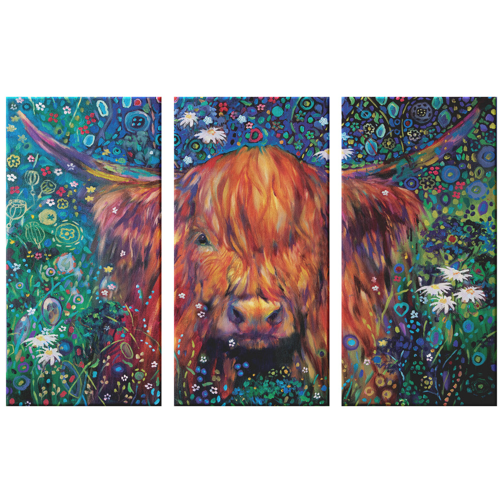Braemar Daisies - Triptych set of Three Canvases - - susan gardner - uk artist - colourful animal art