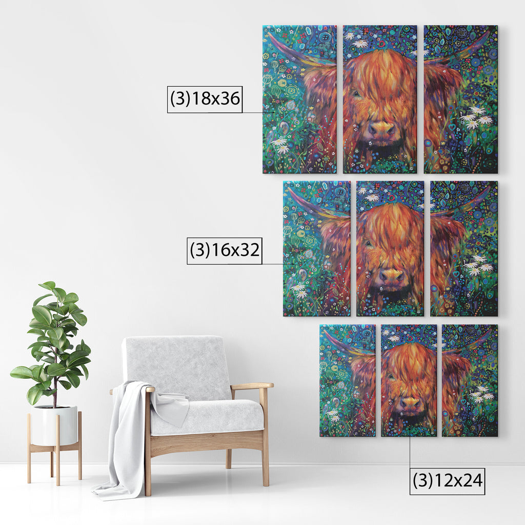 Braemar Daisies - Triptych set of Three Canvases - - susan gardner - uk artist - colourful animal art