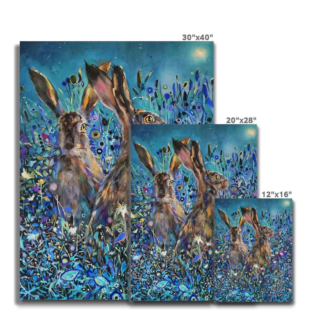 Enchanted Garden - Hares Canvas - - susan gardner - uk artist - colourful animal art