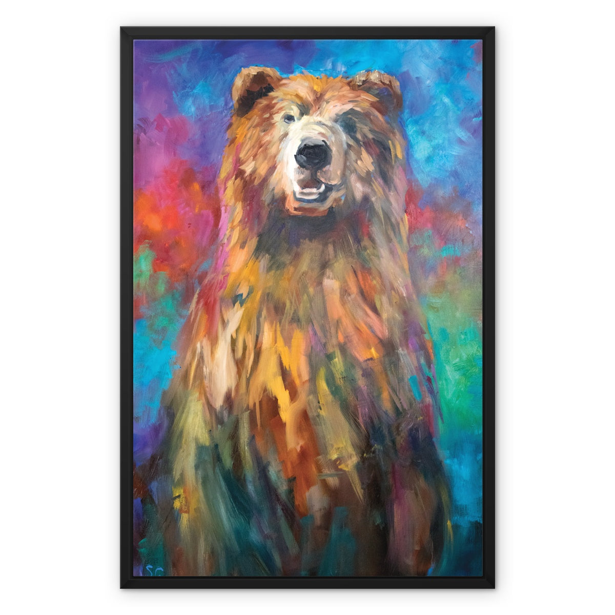 Sebastian the Bear -  Framed Canvas - - susan gardner - uk artist - colourful animal art