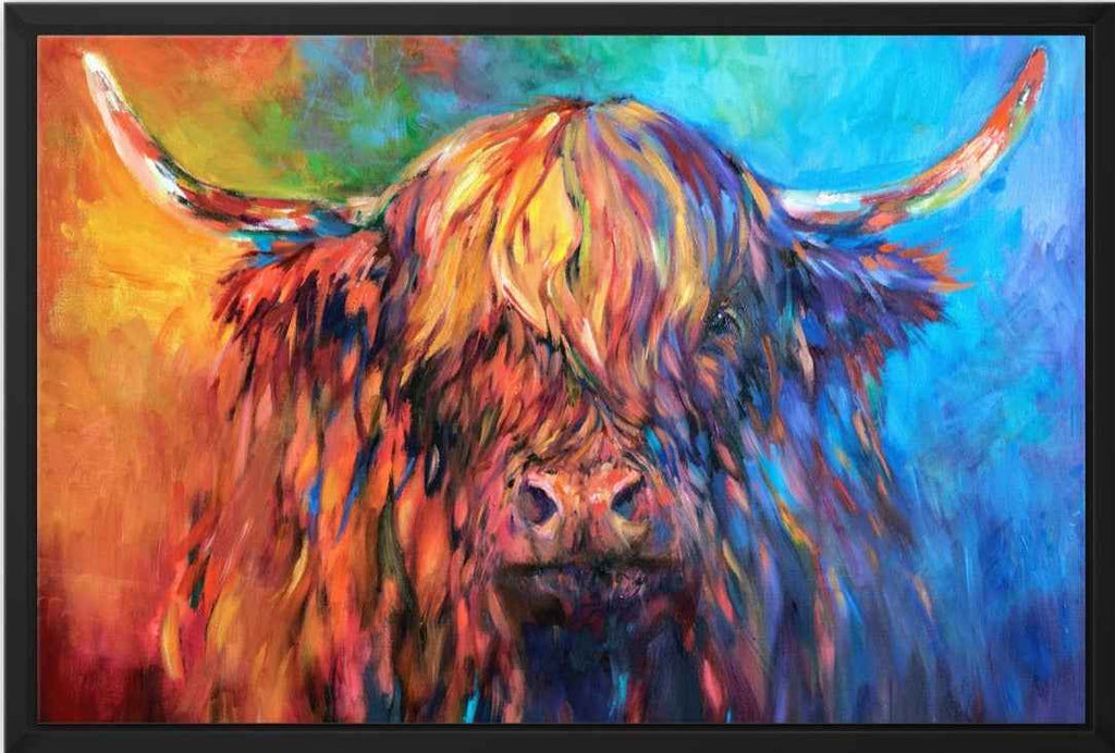 Glendevon - Highland Cow Framed Canvas - - susan gardner - uk artist - colourful animal art