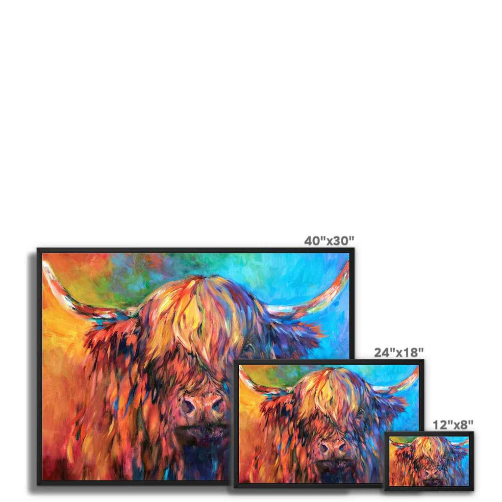 Glendevon - Highland Cow Framed Canvas - - susan gardner - uk artist - colourful animal art
