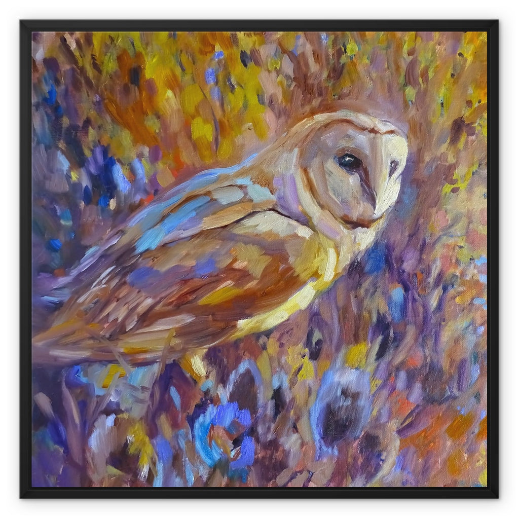 Barn Owl and Teazels Framed Canvas - - susan gardner - uk artist - colourful animal art