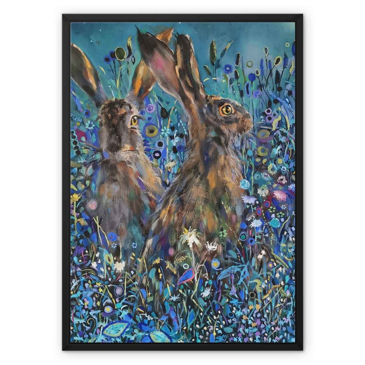 Enchanted Garden - Hares Framed Canvas - - susan gardner - uk artist - colourful animal art