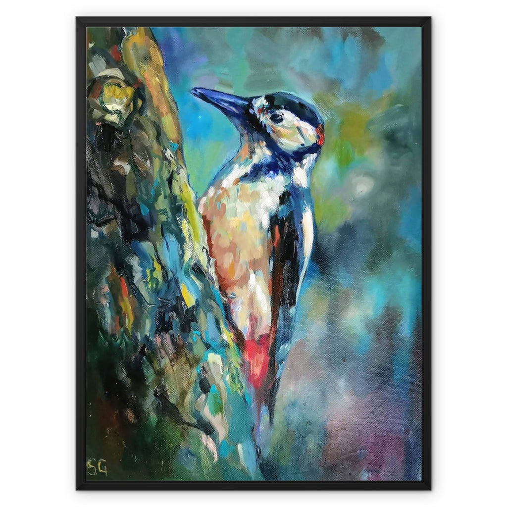 Woodpecker Framed Canvas - - susan gardner - uk artist - colourful animal art