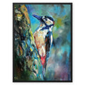 Woodpecker Framed Canvas - - susan gardner - uk artist - colourful animal art