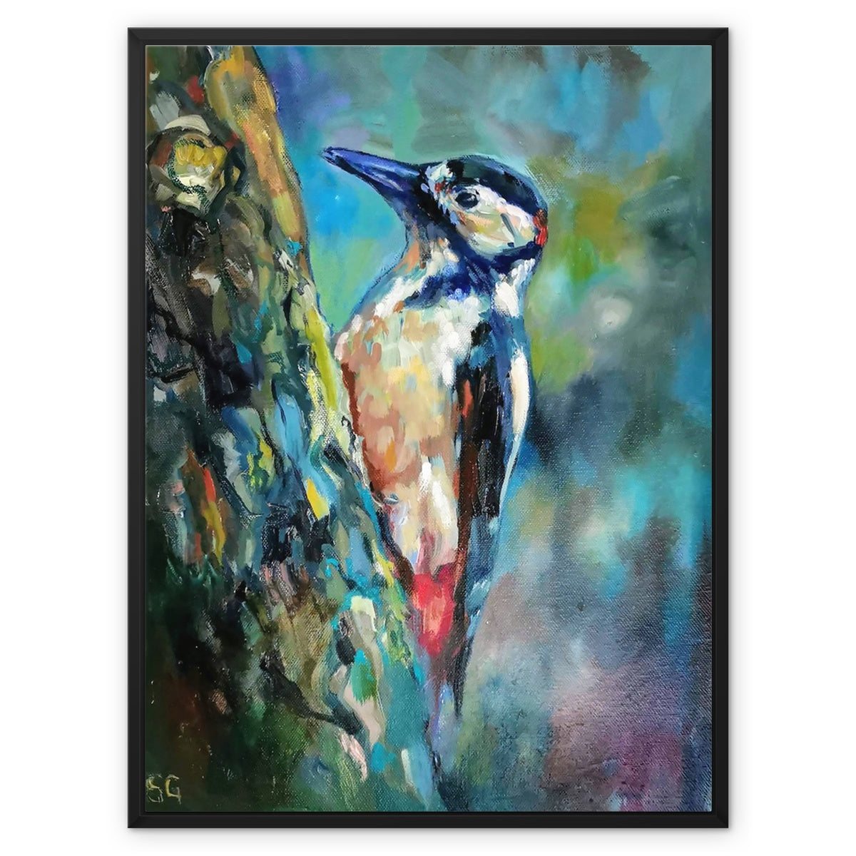 Woodpecker Framed Canvas - - susan gardner - uk artist - colourful animal art